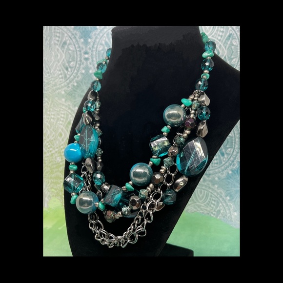 5 Strand Turquoise Blues & Green Acrylic Resin Beading Necklace - Picture 2 of 4